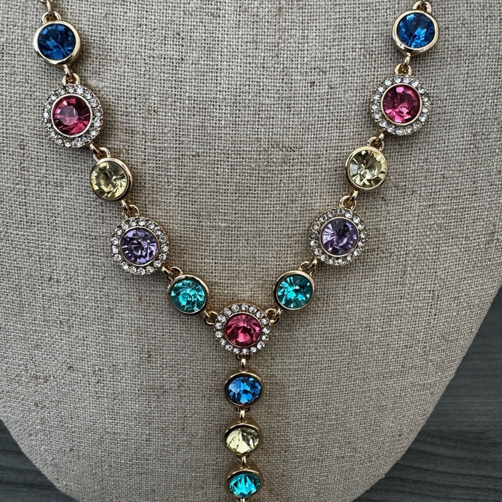 Vintage‎ Monet Rainbow Crystal Y-Necklace Gold Tone Signed
